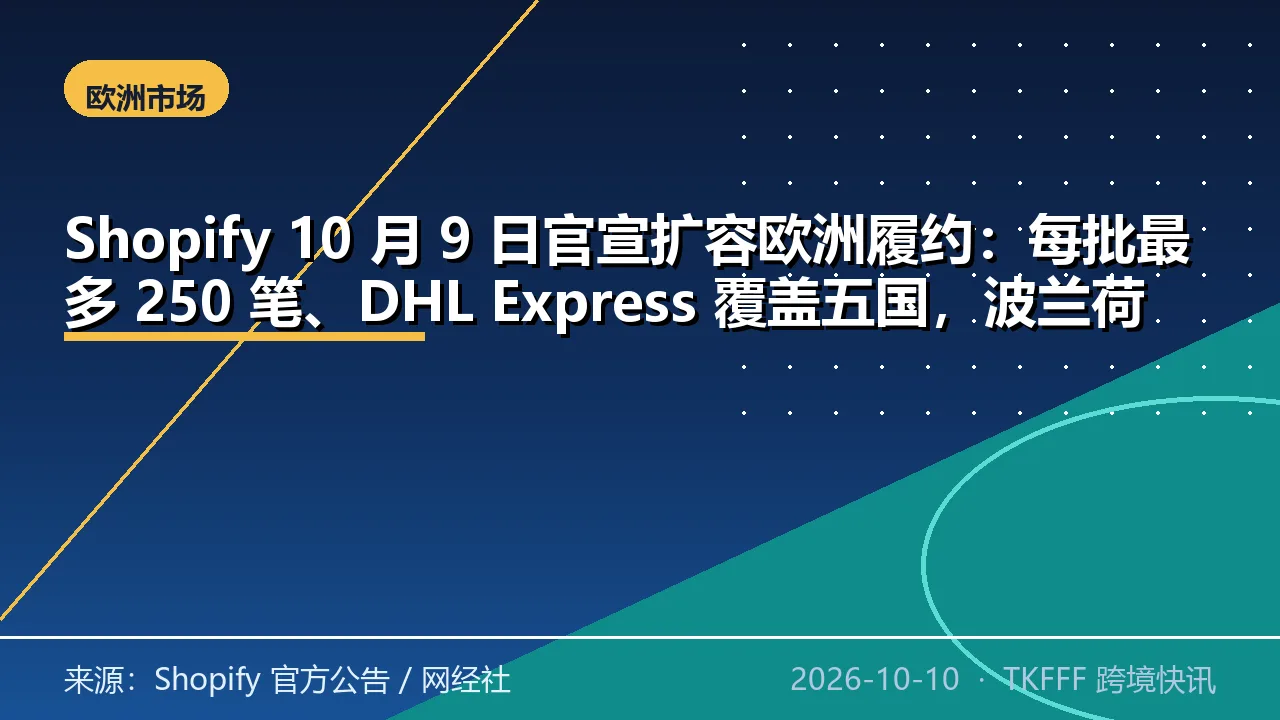 Shopify 10 月 9 日官宣扩容欧洲履约：每批最多 250 笔、DHL Express 覆盖五国，波兰荷兰首次接入
