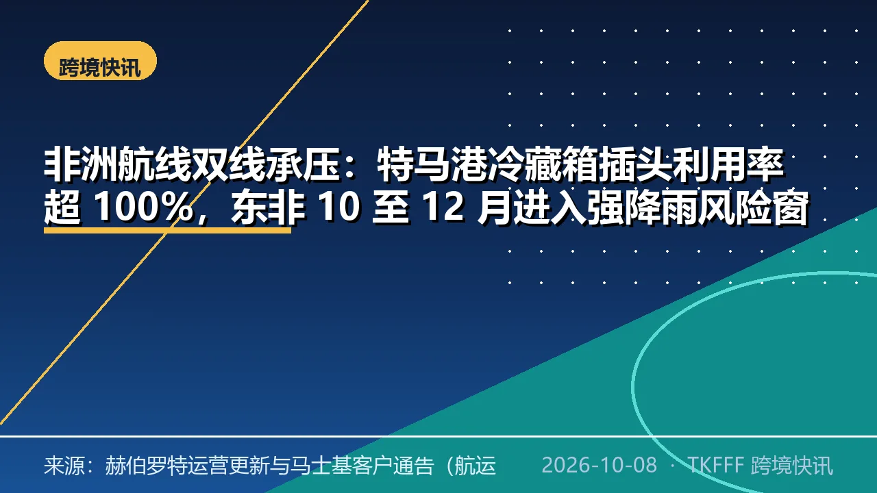 非洲航线双线承压：特马港冷藏箱插头利用率超 100%，东非 10 至 12 月进入强降雨风险窗口