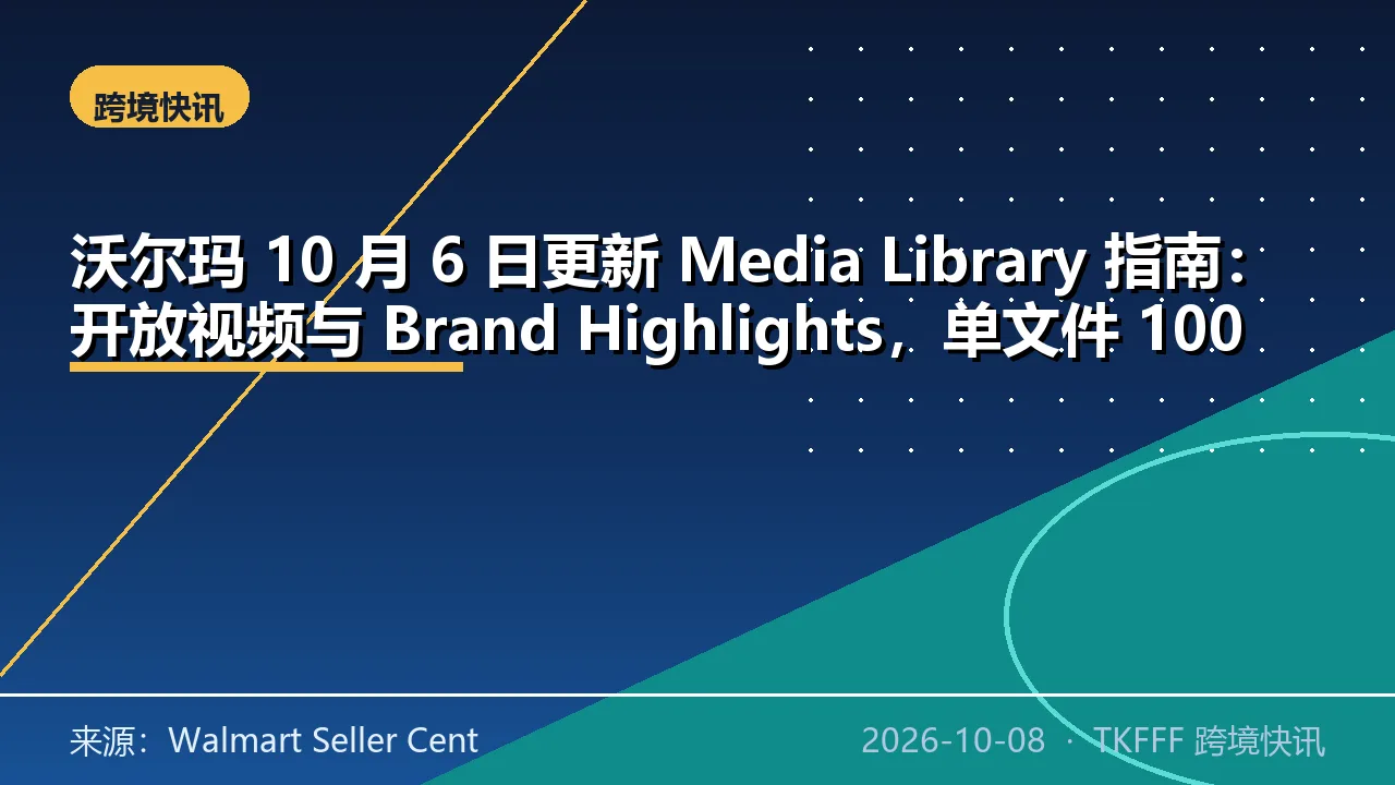 沃尔玛 10 月 6 日更新 Media Library 指南：开放视频与 Brand Highlights，单文件 100 MB、标题限 200 字符