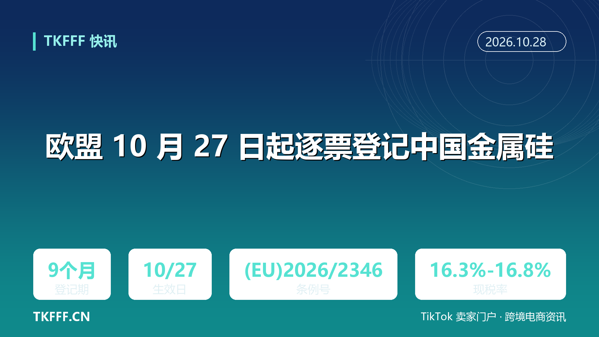 欧盟 10 月 27 日起逐票登记中国金属硅：条例 (EU)2026/2346，登记期 9 个月不征税